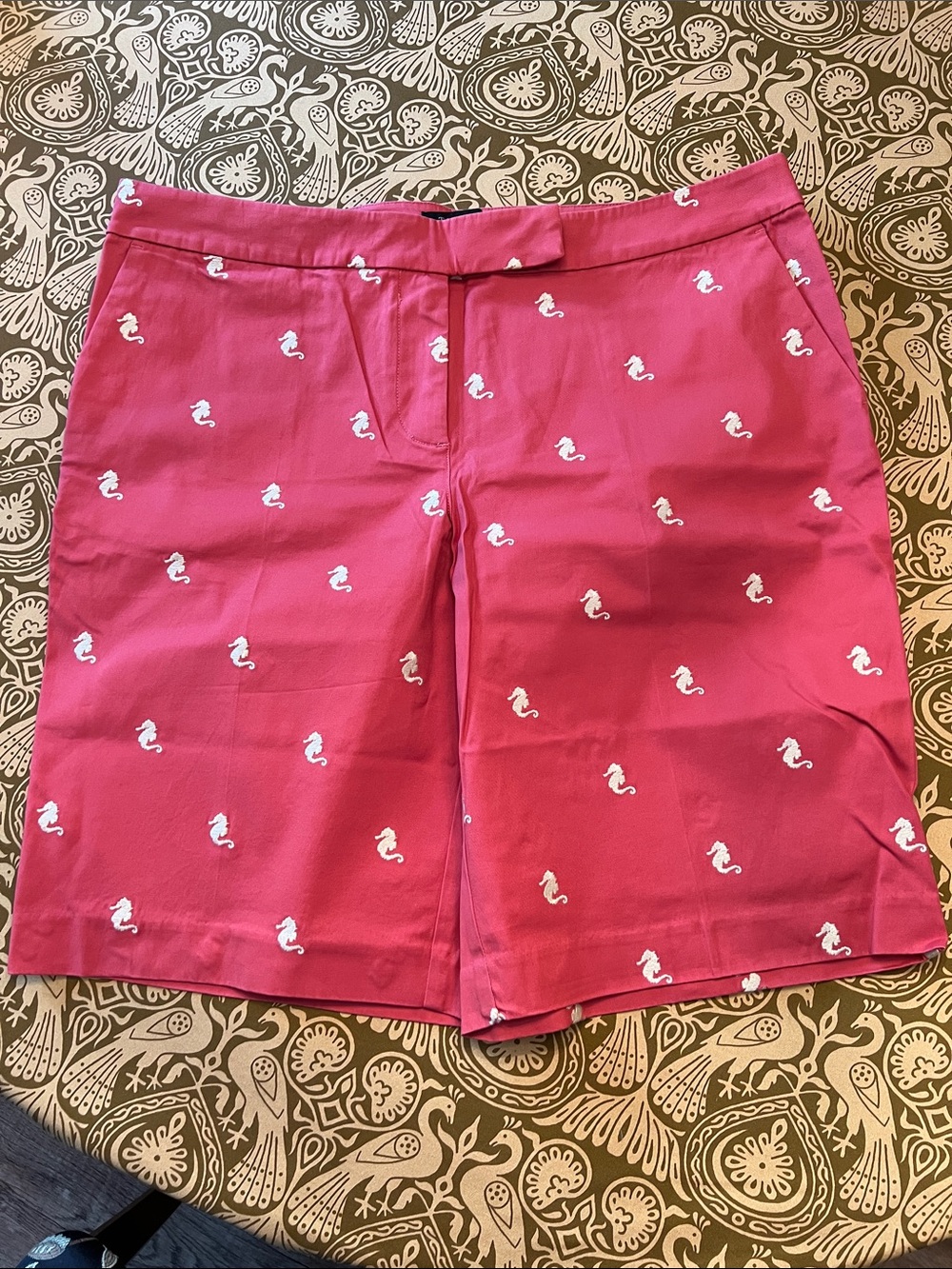 Talbots Pink/Salmon Embroidered Tan Seahorse Bermuda Shorts
